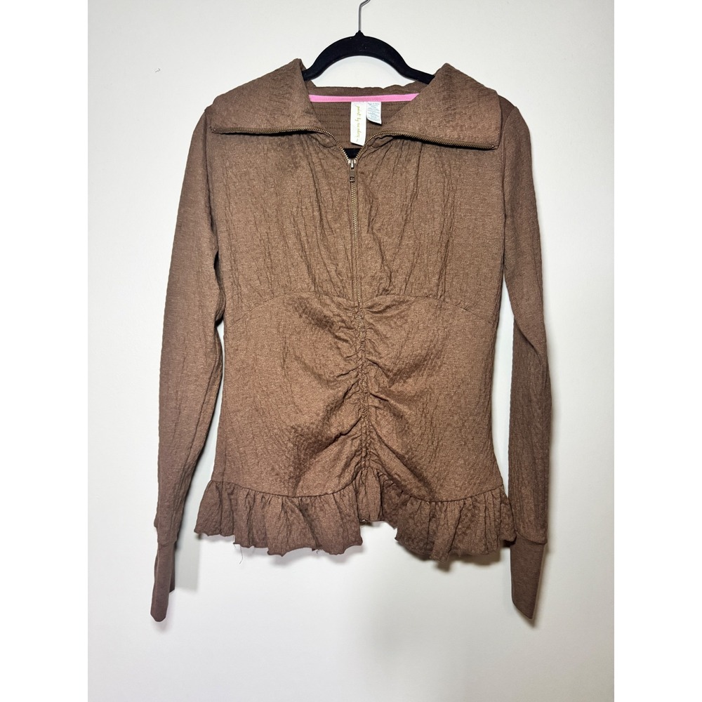 Matilda Jane Paint by Numbers Brown Ruched Ruffle Zip Up Jacket Womens L